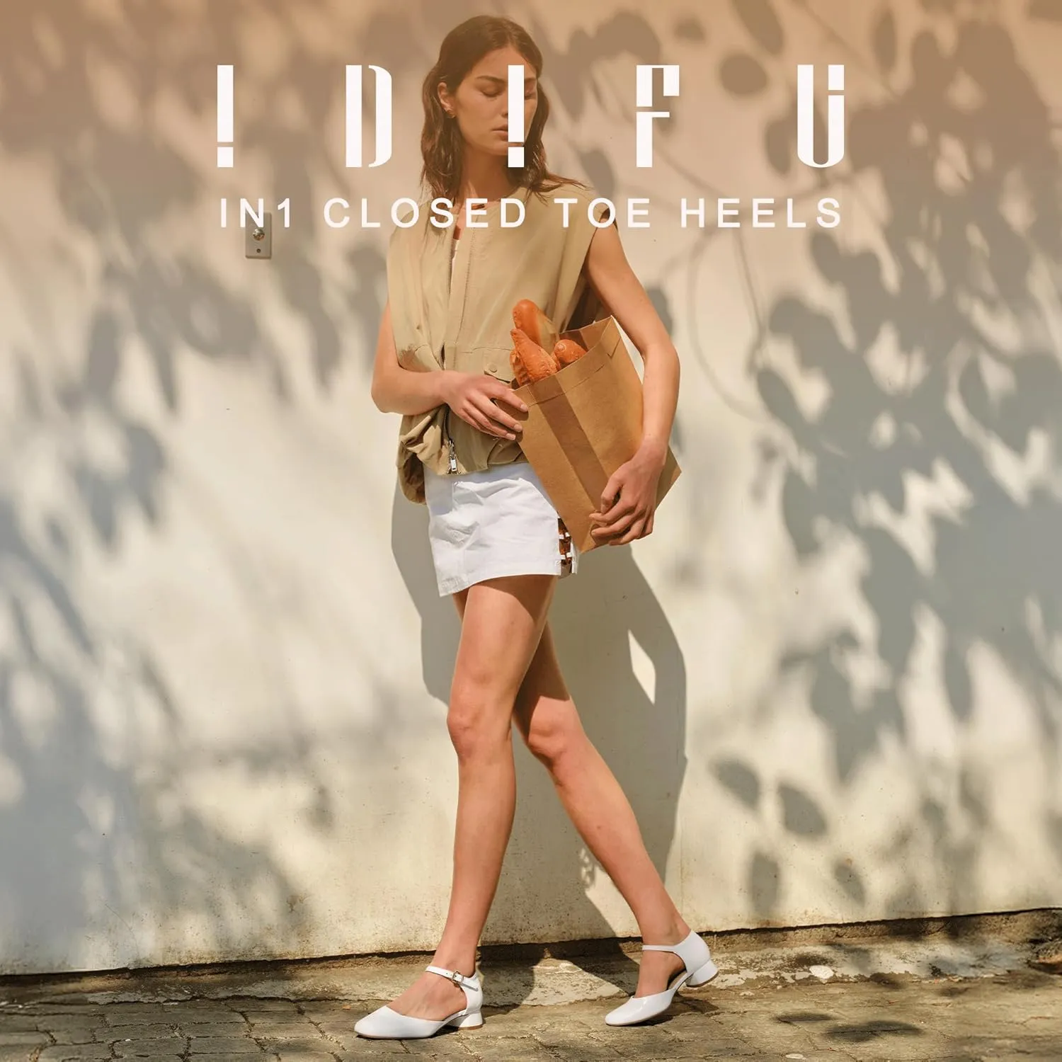 IDIFU Closed Toe Heels for Women Square Toe Low Block Chunky Heeled Pumps with Ankle Strap Buckle for Bride Wedding Comfortable Dressy Short Small Women's Dress Shoes Thick Heels