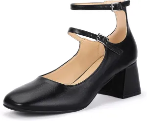 IDIFU IN2 Mary Jane Shoes Low Block Chunky Closed Toe Heels Dress Shoes for Women Square Toe Ankle Strap Wedding Prom Work Office Dressy Heels Comfortable Vintage Trendy Short Pumps