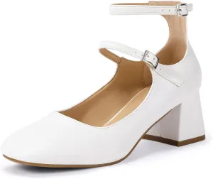 IDIFU IN2 Mary Jane Shoes Low Block Chunky Closed Toe Heels Dress Shoes for Women Square Toe Ankle Strap Wedding Prom Work Office Dressy Heels Comfortable Vintage Trendy Short Pumps