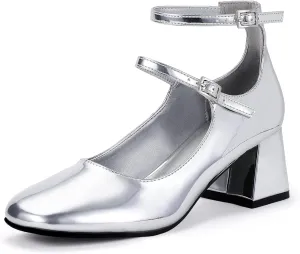 IDIFU IN2 Mary Jane Shoes Low Block Chunky Closed Toe Heels Dress Shoes for Women Square Toe Ankle Strap Wedding Prom Work Office Dressy Heels Comfortable Vintage Trendy Short Pumps