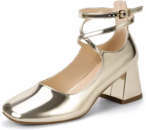 IDIFU IN2 Mary Jane Shoes Strappy Low Chunky Block Closed Toe Heels Dress Shoes for Women Wedding Bridal Work Office Business Prom Shoes Comfortable Dressy Formal Vintage Short Square Toe Heels Pumps