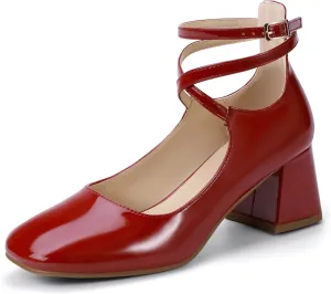 IDIFU IN2 Mary Jane Shoes Strappy Low Chunky Block Closed Toe Heels Dress Shoes for Women Wedding Bridal Work Office Business Prom Shoes Comfortable Dressy Formal Vintage Short Square Toe Heels Pumps