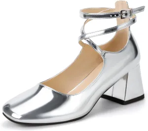 IDIFU IN2 Mary Jane Shoes Strappy Low Chunky Block Closed Toe Heels Dress Shoes for Women Wedding Bridal Work Office Business Prom Shoes Comfortable Dressy Formal Vintage Short Square Toe Heels Pumps