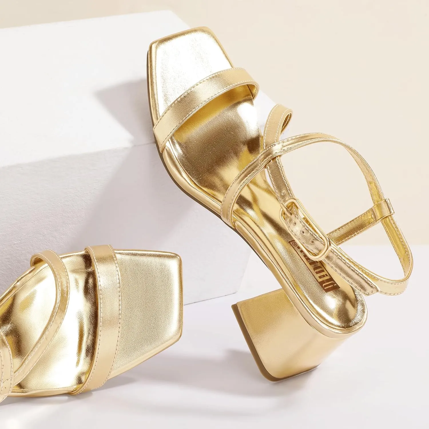 IDIFU IN2 Strappy Heels for Women Square Toe Low Chunky Block Heels with Ankle Strap Women's Slingback Irregular Heel Dress Shoes for Bride Wedding Heeled Sandals Dressy Short Heels
