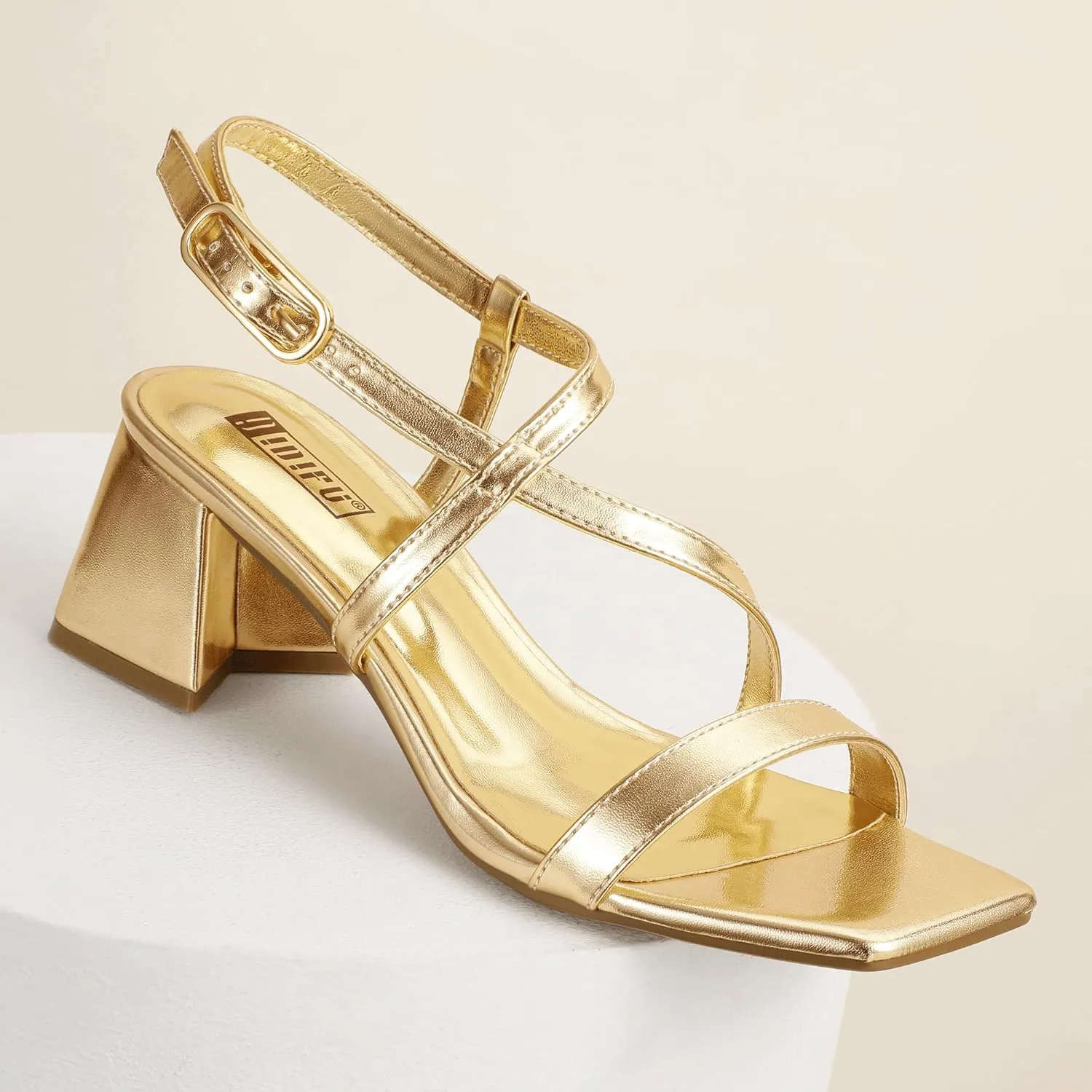 IDIFU IN2 Strappy Heels for Women Square Toe Low Chunky Block Heels with Ankle Strap Women's Slingback Irregular Heel Dress Shoes for Bride Wedding Heeled Sandals Dressy Short Heels