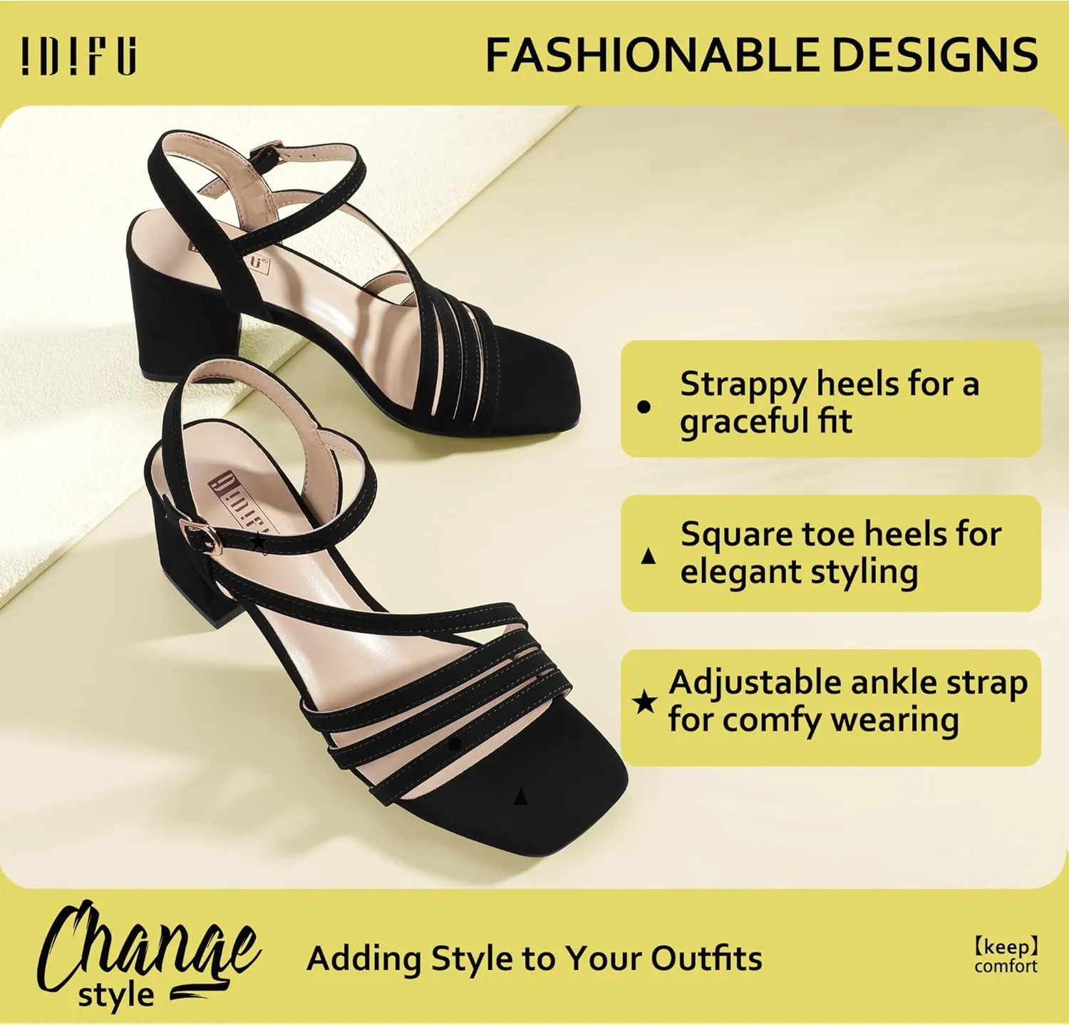IDIFU IN3 Strappy Heels for Women Chunky Block Heels Square Toe Low Heels Wedding Prom Bride Bridal Party Dress Shoes for Women Comfortable Dressy Cute Trendy Heeled Sandals Short Thick Slingback Heels