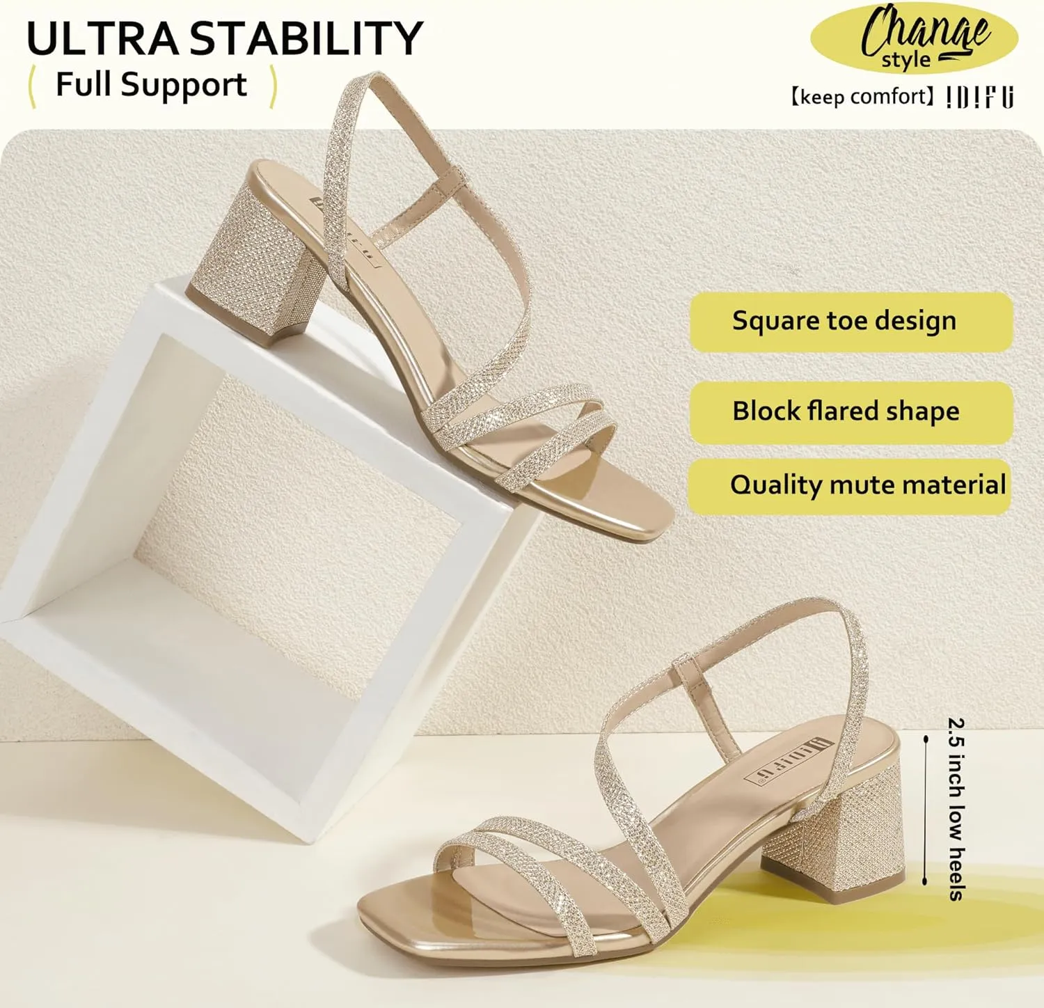 IDIFU IN3 Strappy Heels for Women - Low Block Chunky Heels - Open Square Toe Slingback Sandals - Comfortable & Trendy Dress Shoes for Women's Wedding, Bridal & Prom