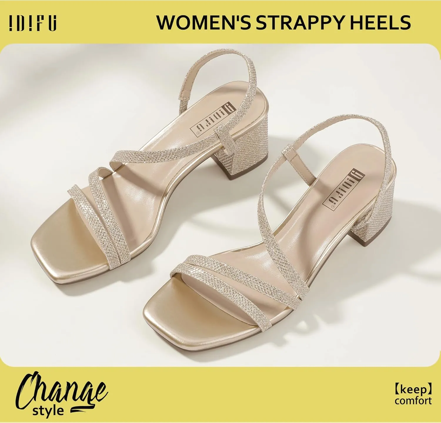 IDIFU IN3 Strappy Heels for Women - Low Block Chunky Heels - Open Square Toe Slingback Sandals - Comfortable & Trendy Dress Shoes for Women's Wedding, Bridal & Prom
