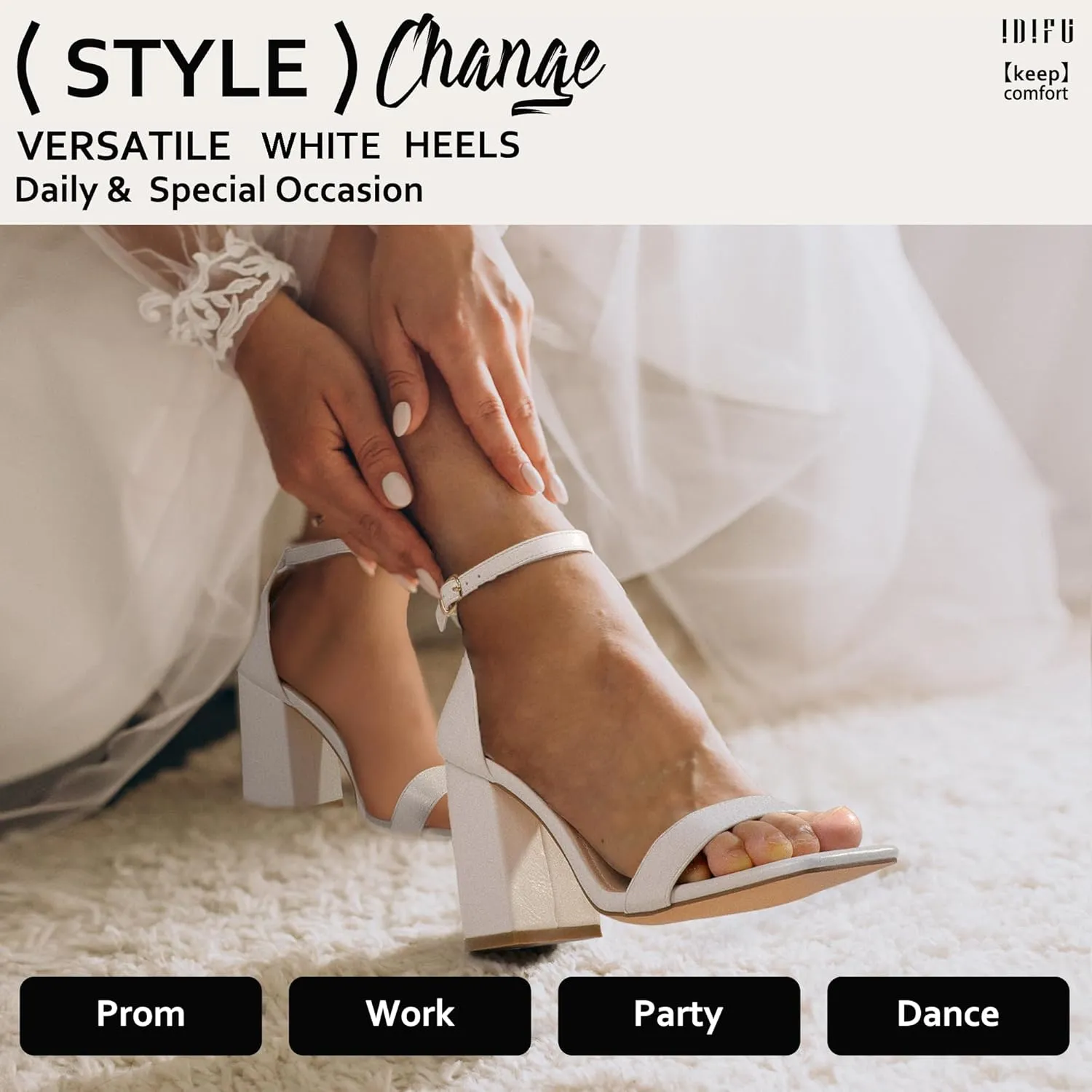 IDIFU IN4 High Chunky Block Heels Square Open Toe Ankle Strap Heeled Sandals Wedding Bridal Prom Dance Summer Dressy Comfortable Sexy Trendy Bride Bridesmaid Dress Shoes Cute Thick Women Heels