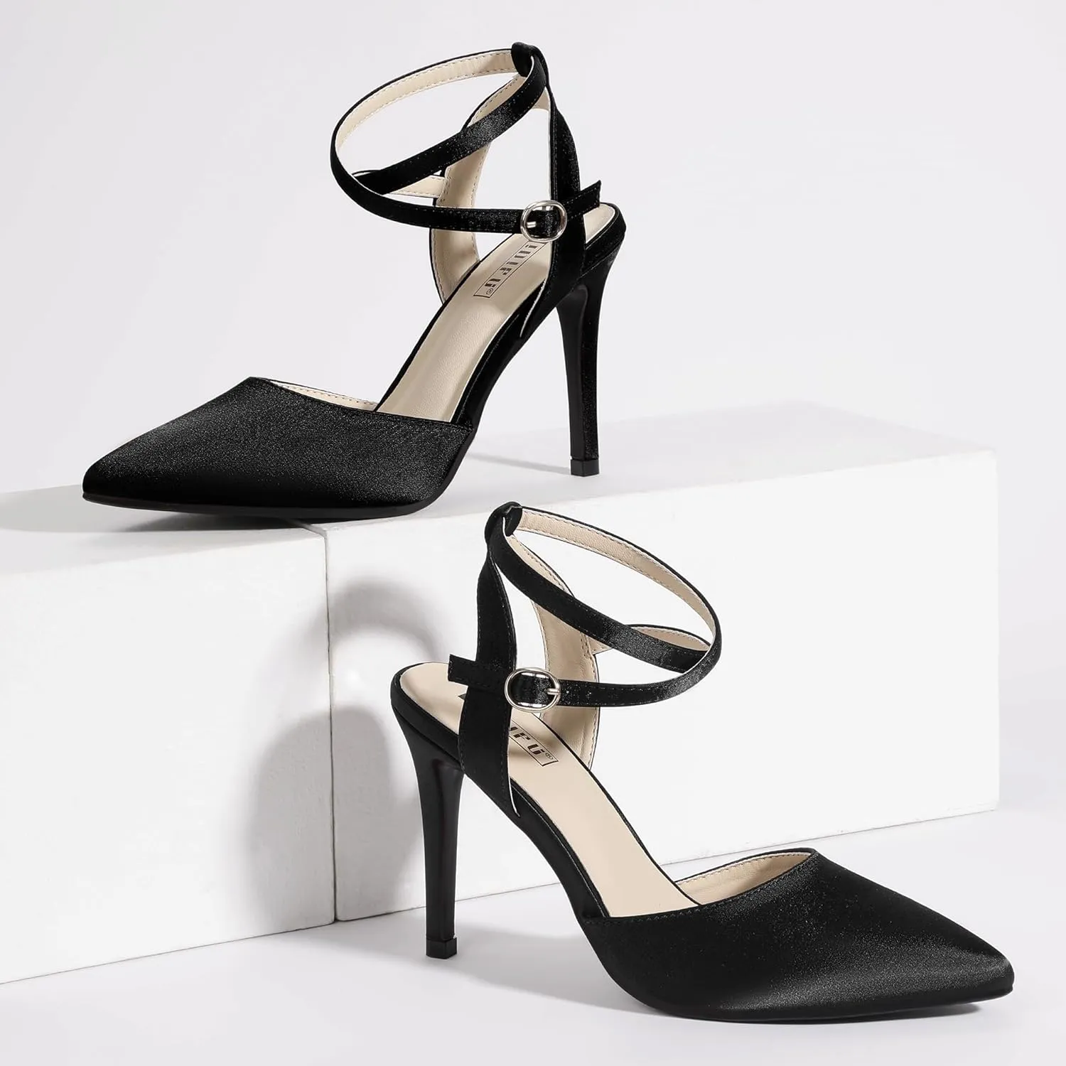 IDIFU IN4 High Heels Women's Pumps Strappy Stiletto Slingback Closed Pointed Toe Ankle Strap Satin Dress Shoes for Women Dressy Comfortable Wedding Bridal Office Formal Pumps Shoes