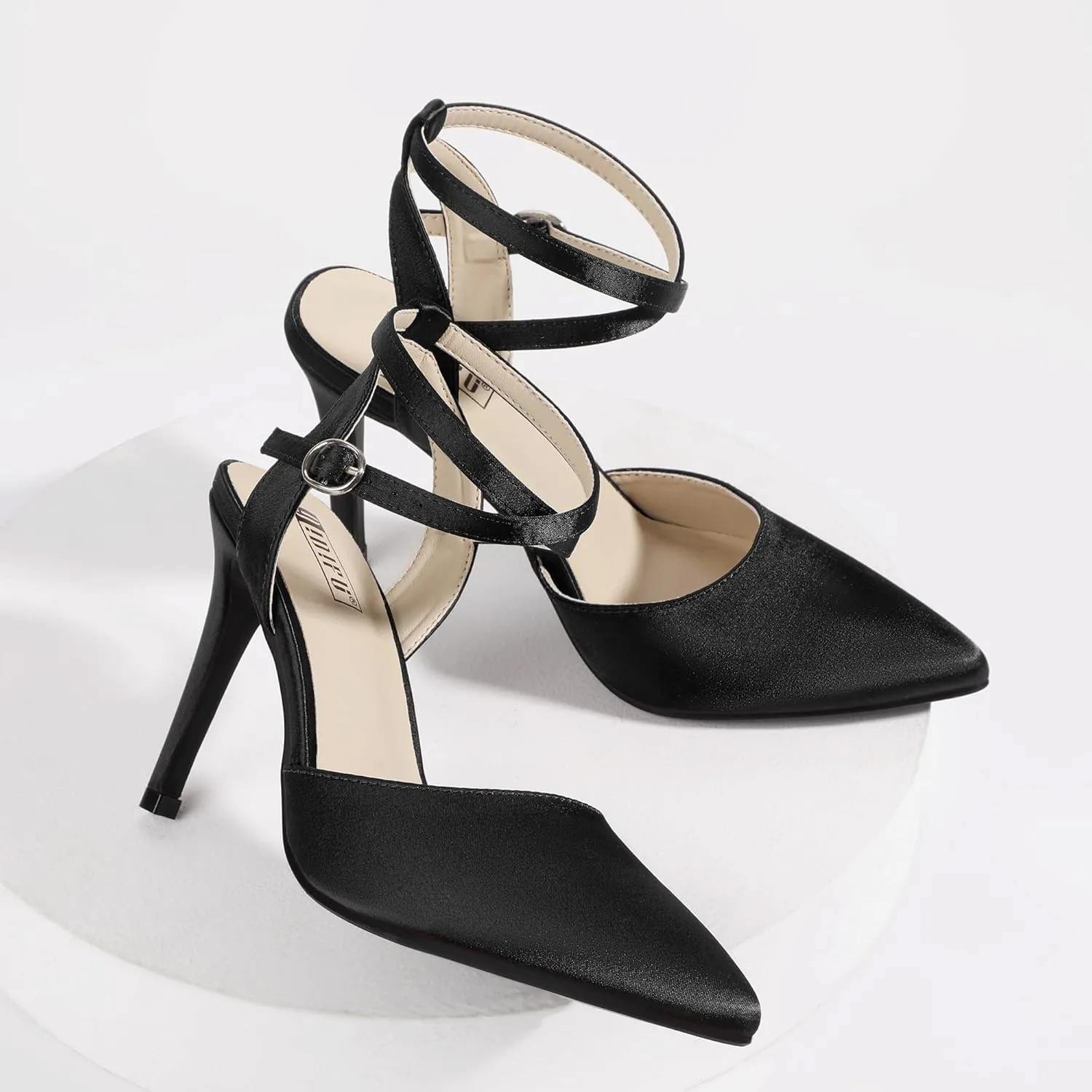 IDIFU IN4 High Heels Women's Pumps Strappy Stiletto Slingback Closed Pointed Toe Ankle Strap Satin Dress Shoes for Women Dressy Comfortable Wedding Bridal Office Formal Pumps Shoes