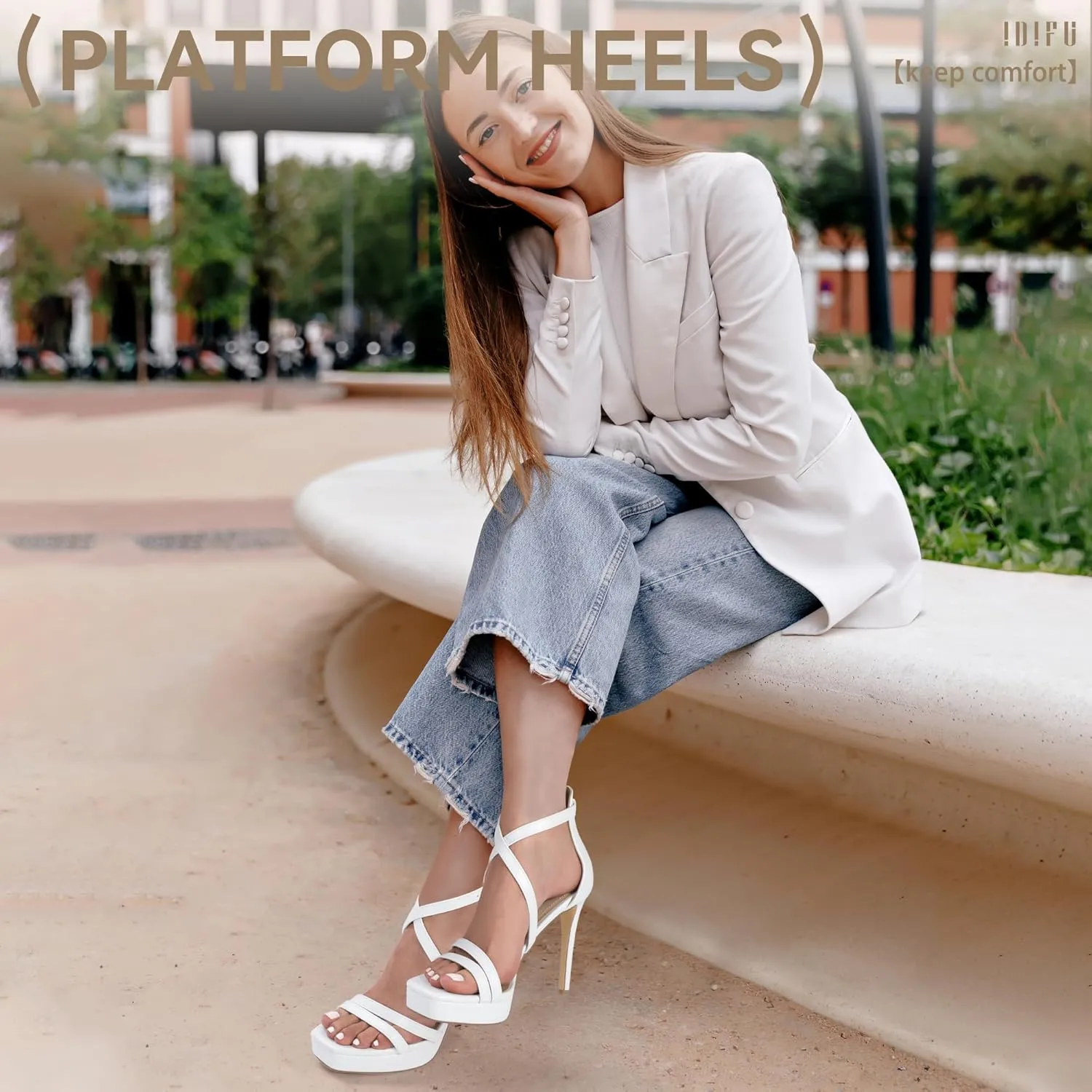 IDIFU IN4 Platform High Heels for Women Strappy Heeled Sandals Square Toe Heels Stiletto Heels Women's Wedding Party Bridal Sexy Dress Shoes Open Toe Heels