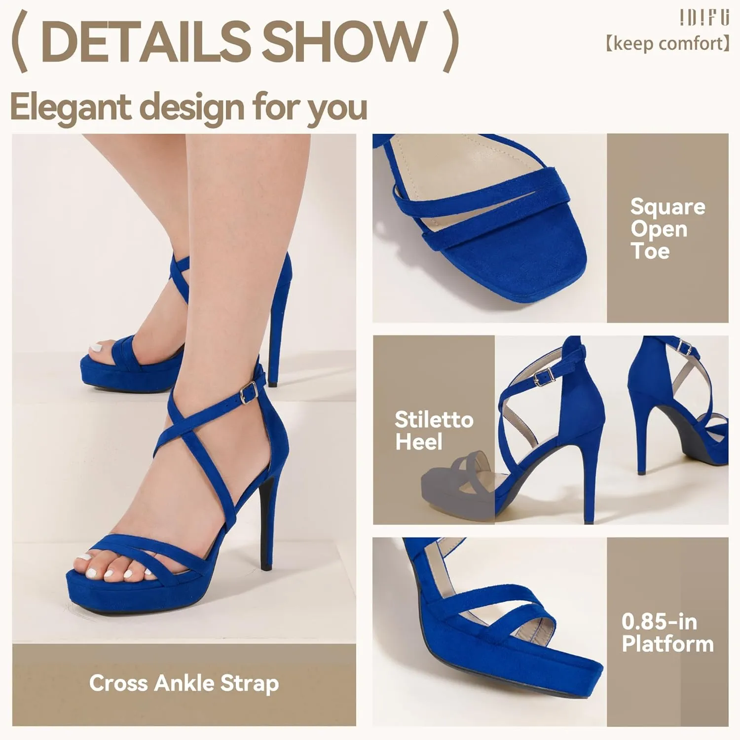 IDIFU IN4 Platform High Heels for Women Strappy Heeled Sandals Square Toe Heels Stiletto Heels Women's Wedding Party Bridal Sexy Dress Shoes Open Toe Heels