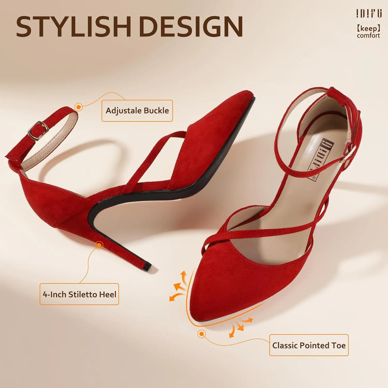 IDIFU IN4 Women's Pumps Closed Toe Heels Stiletto High Heels Dress Shoes for Women Wedding Prom Dressy Party Bridal Shoes Trendy Strappy Pointed Toe Ankle Strap Heels Pumps