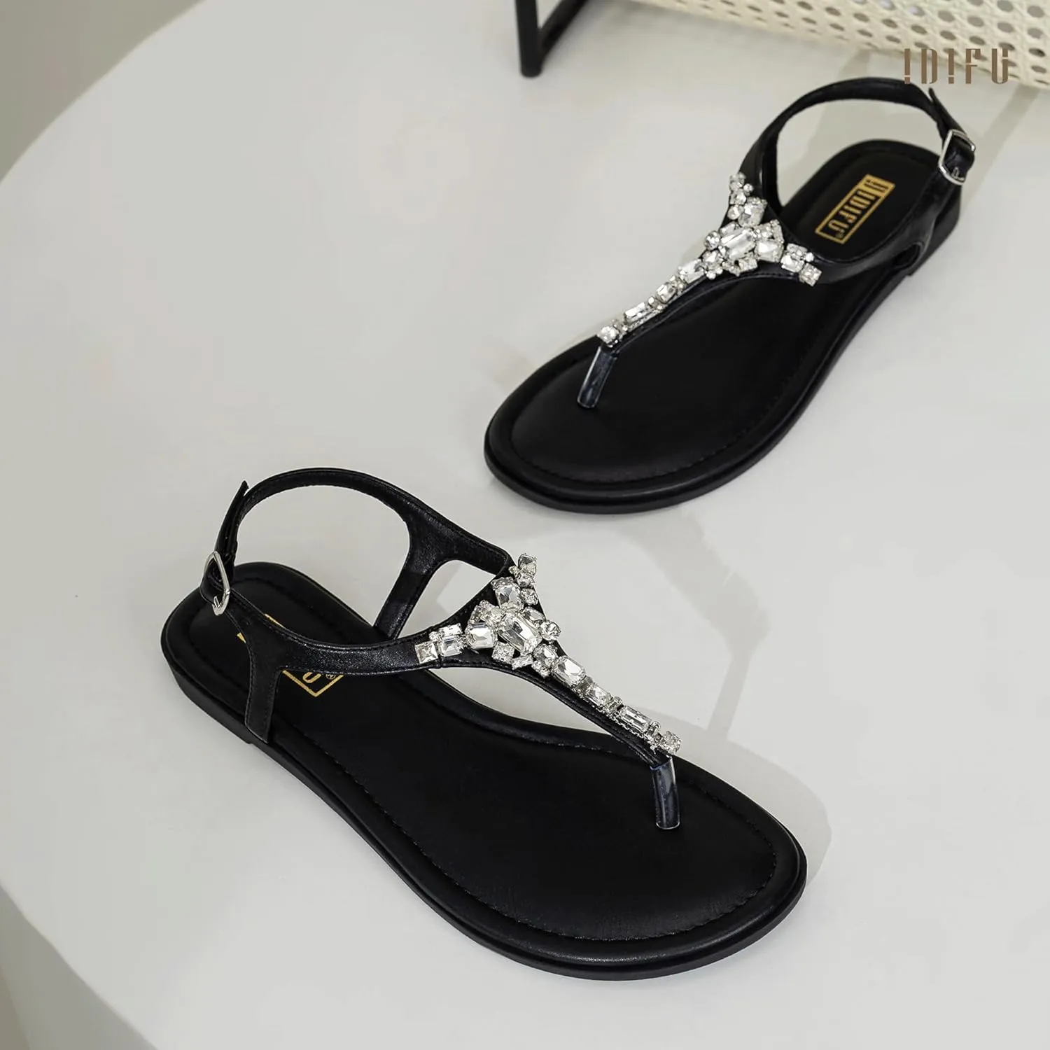IDIFU Rhinestone Flat Sandals for Women Dressy Sparkly Thong Sandals Bling Summer Cute T Strap Dress Sandals for Wedding Bridal Bride Beach Trendy Comfortable Ladies Women's Sandals
