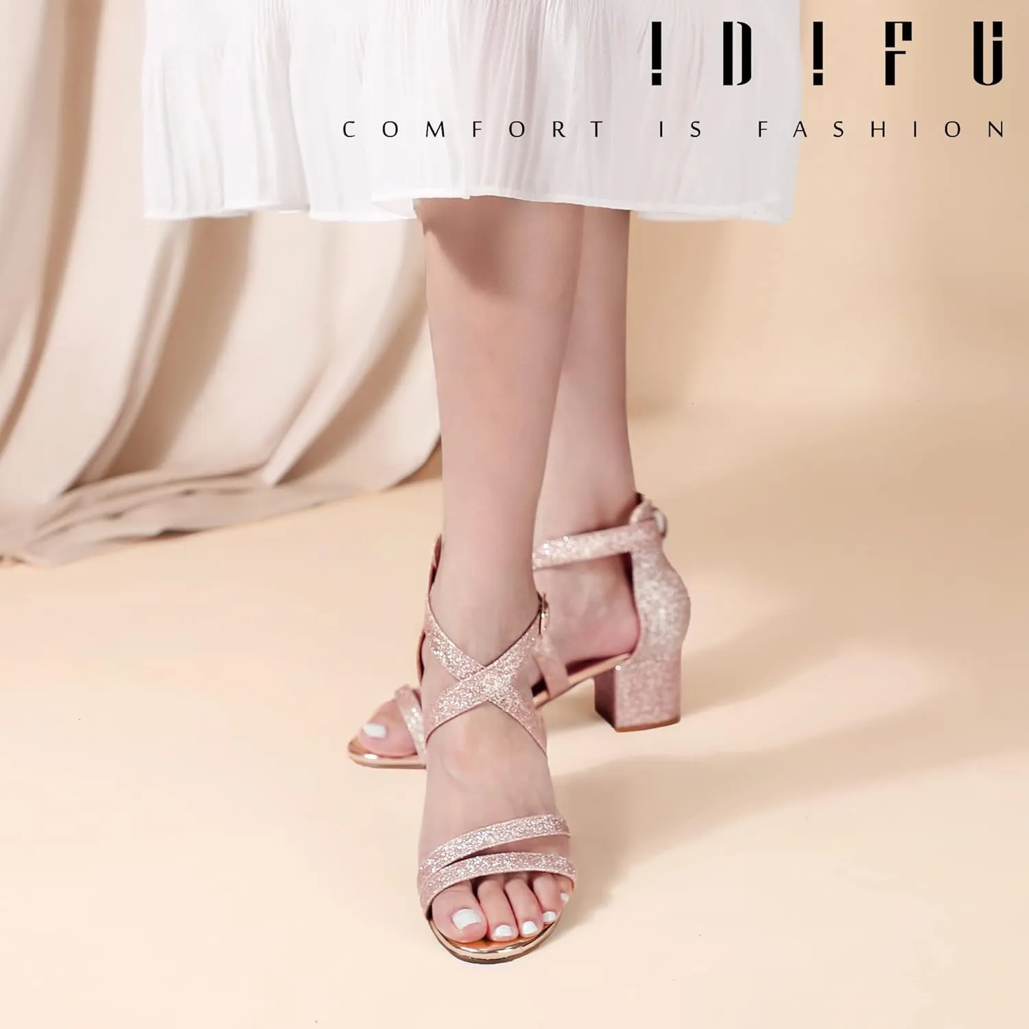 IDIFU Women's Block Low Chunky Heel Strappy Sandals Open Toe Ankle Strap Dress Wedding Evening Shoe for Women Bridal