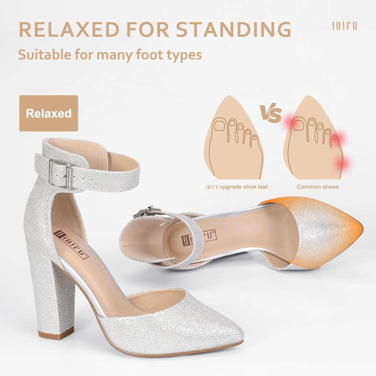 IDIFU Women's IN4 Pedazo High Block Heels Pumps Pointed Closed Toe Ankle Strap Dress Wedding Shoes