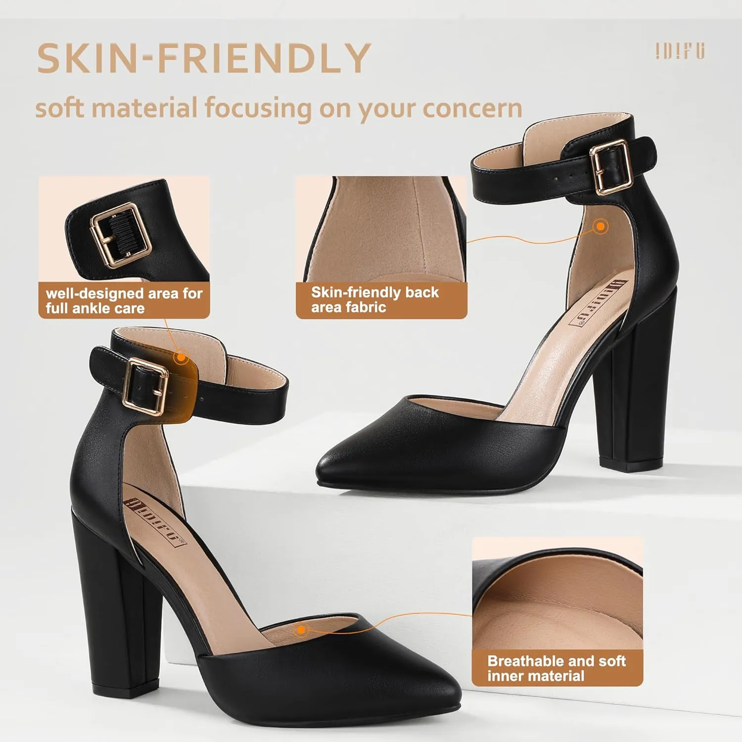 IDIFU Women's IN4 Pedazo High Block Heels Pumps Pointed Closed Toe Ankle Strap Dress Wedding Shoes