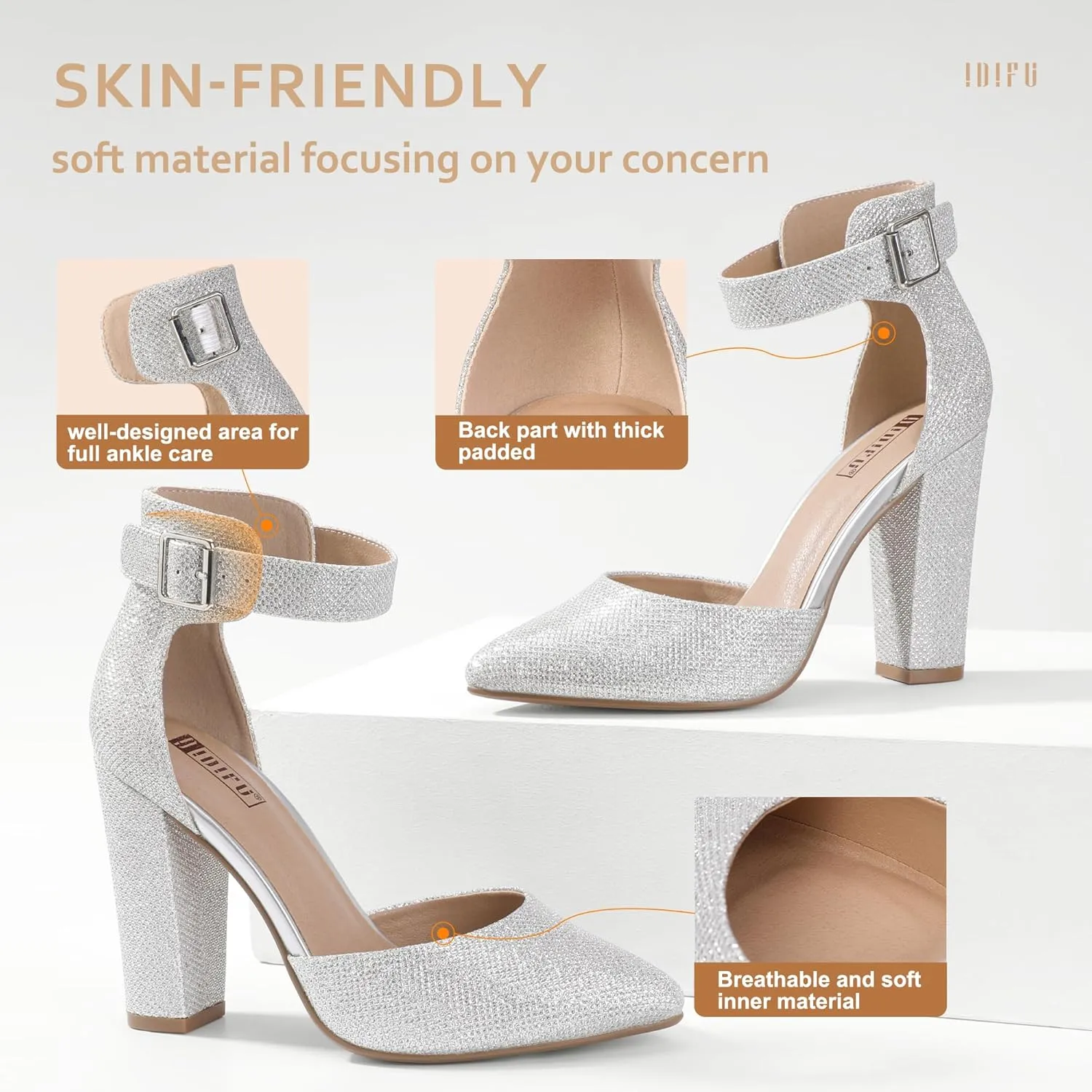 IDIFU Women's IN4 Pedazo High Block Heels Pumps Pointed Closed Toe Ankle Strap Dress Wedding Shoes
