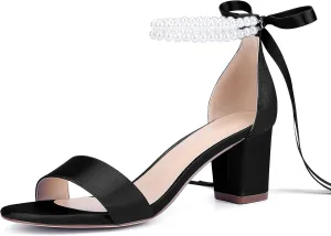Isobud Women's Open Toe Pearl Wedding Shoes for Bride White Heels with Bow Bridal Shoes Chunky Block Satin Heels Sandals