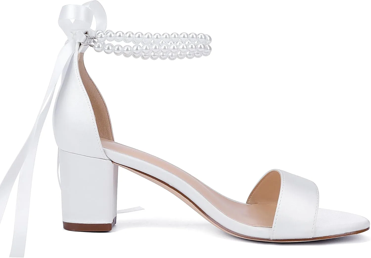 Isobud Women's Open Toe Pearl Wedding Shoes for Bride White Heels with Bow Bridal Shoes Chunky Block Satin Heels Sandals