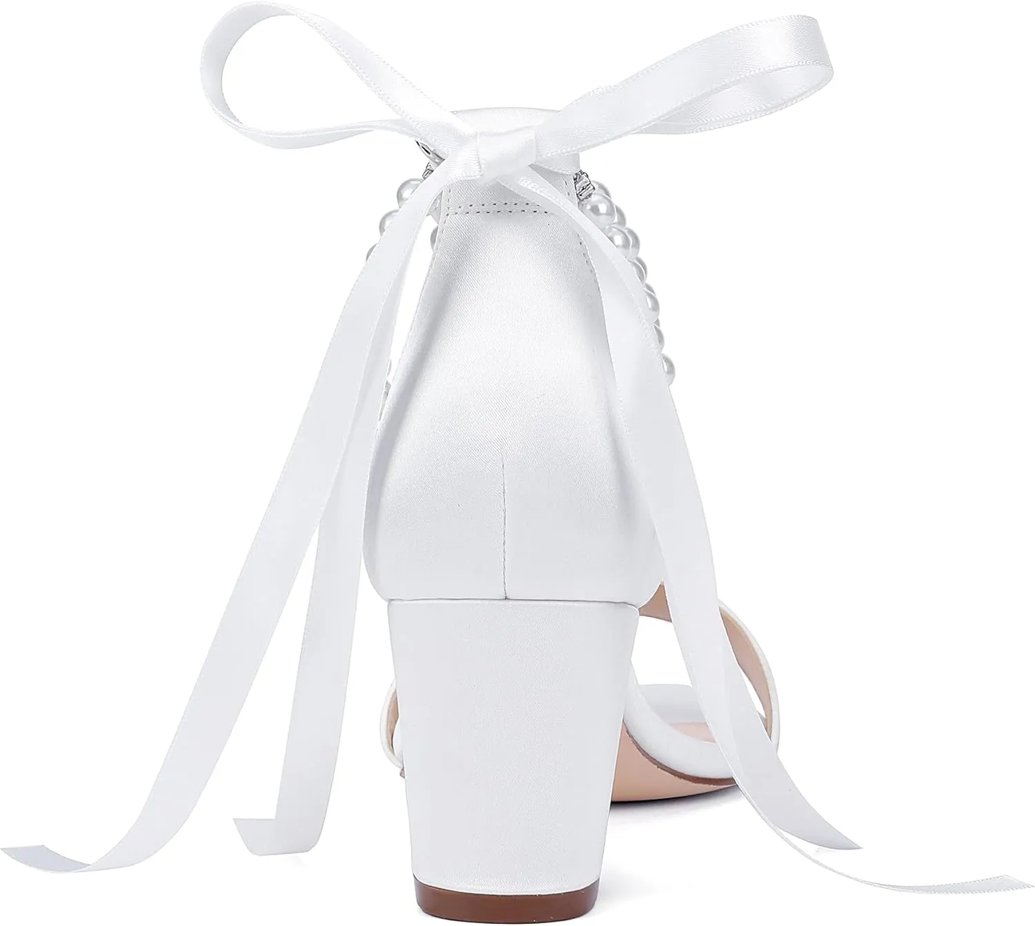 Isobud Women's Open Toe Pearl Wedding Shoes for Bride White Heels with Bow Bridal Shoes Chunky Block Satin Heels Sandals