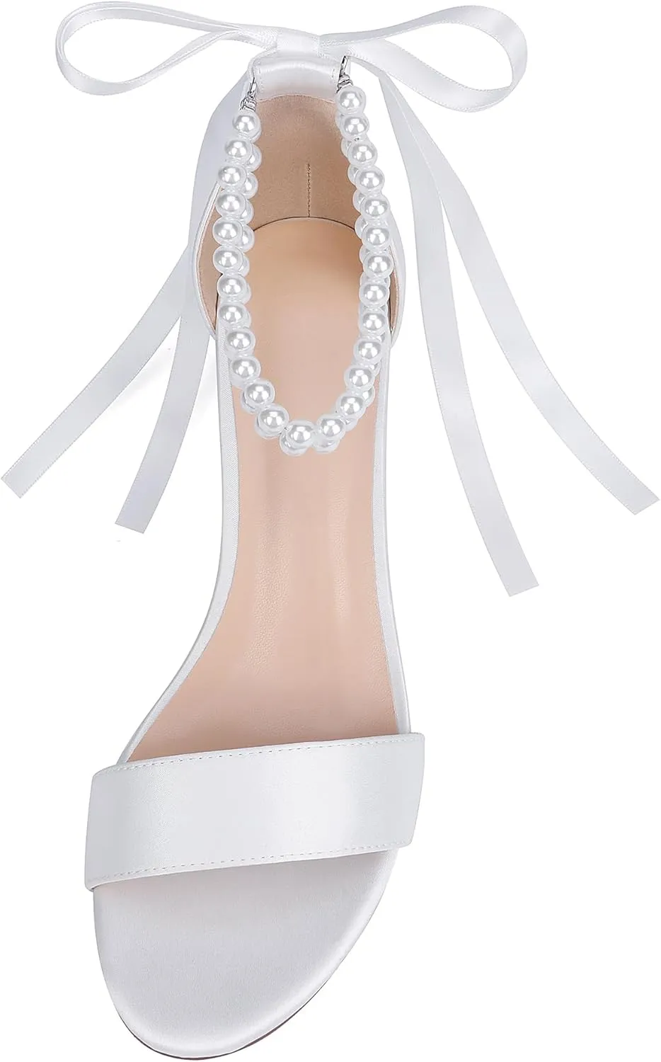 Isobud Women's Open Toe Pearl Wedding Shoes for Bride White Heels with Bow Bridal Shoes Chunky Block Satin Heels Sandals