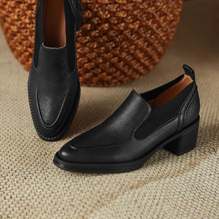 Isyou ibeauty Handmade Leather Block Low Heel Loafers Y2649