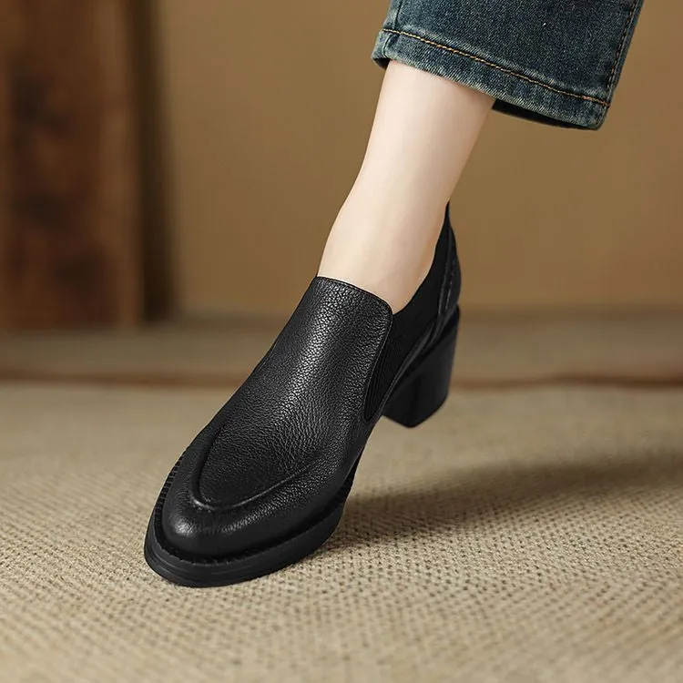 Isyou ibeauty Handmade Leather Block Low Heel Loafers Y2649
