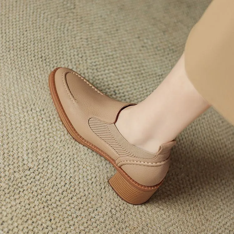 Isyou ibeauty Handmade Leather Block Low Heel Loafers Y2649