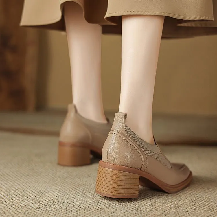 Isyou ibeauty Handmade Leather Block Low Heel Loafers Y2649
