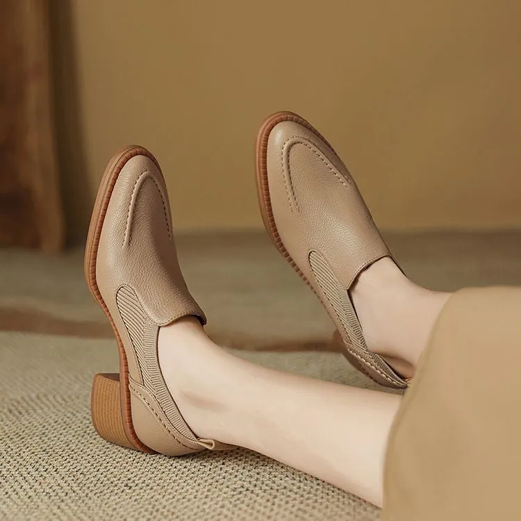 Isyou ibeauty Handmade Leather Block Low Heel Loafers Y2649