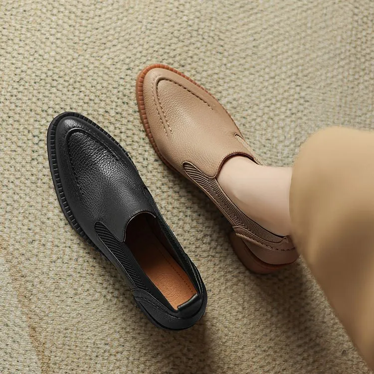 Isyou ibeauty Handmade Leather Block Low Heel Loafers Y2649