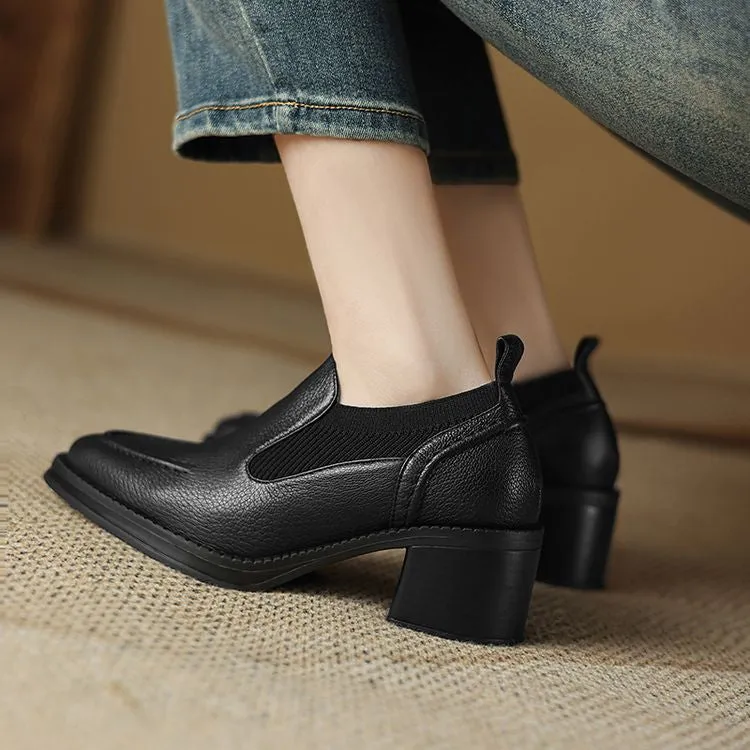 Isyou ibeauty Handmade Leather Block Low Heel Loafers Y2649
