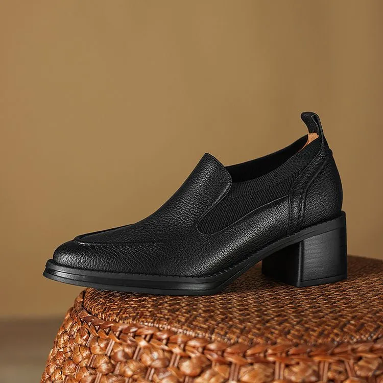 Isyou ibeauty Handmade Leather Block Low Heel Loafers Y2649
