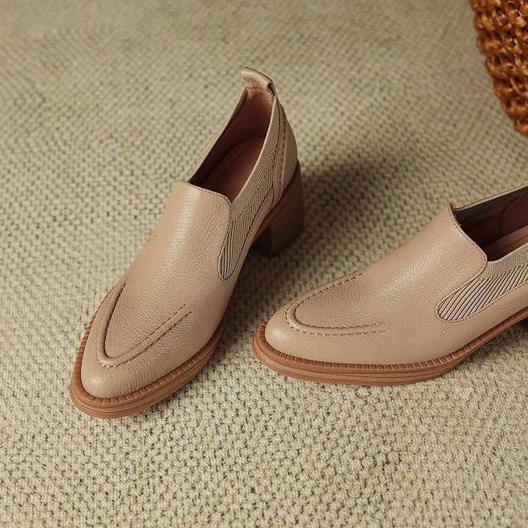 Isyou ibeauty Handmade Leather Block Low Heel Loafers Y2649