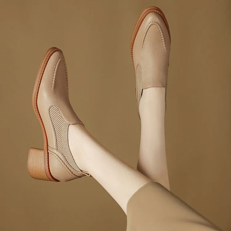 Isyou ibeauty Handmade Leather Block Low Heel Loafers Y2649