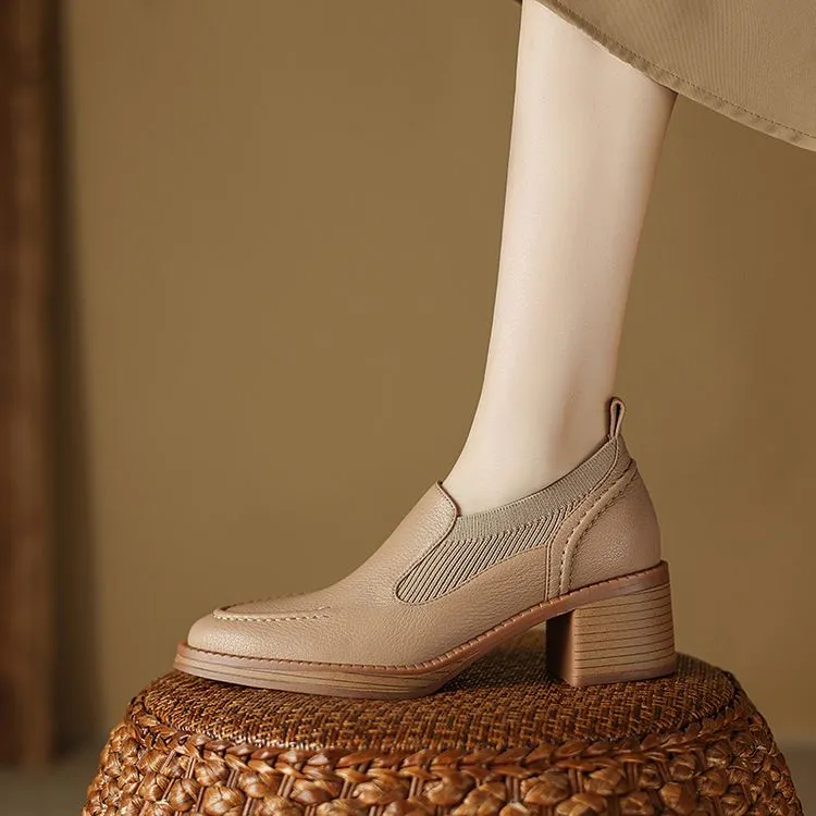 Isyou ibeauty Handmade Leather Block Low Heel Loafers Y2649