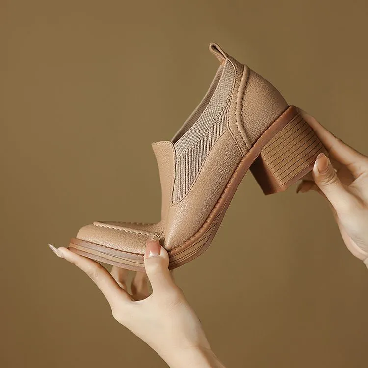 Isyou ibeauty Handmade Leather Block Low Heel Loafers Y2649