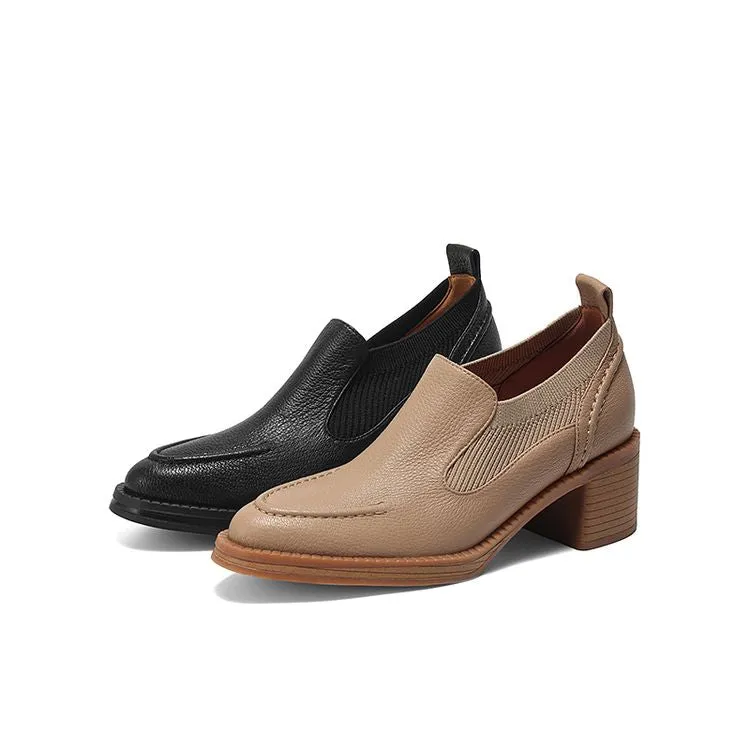 Isyou ibeauty Handmade Leather Block Low Heel Loafers Y2649
