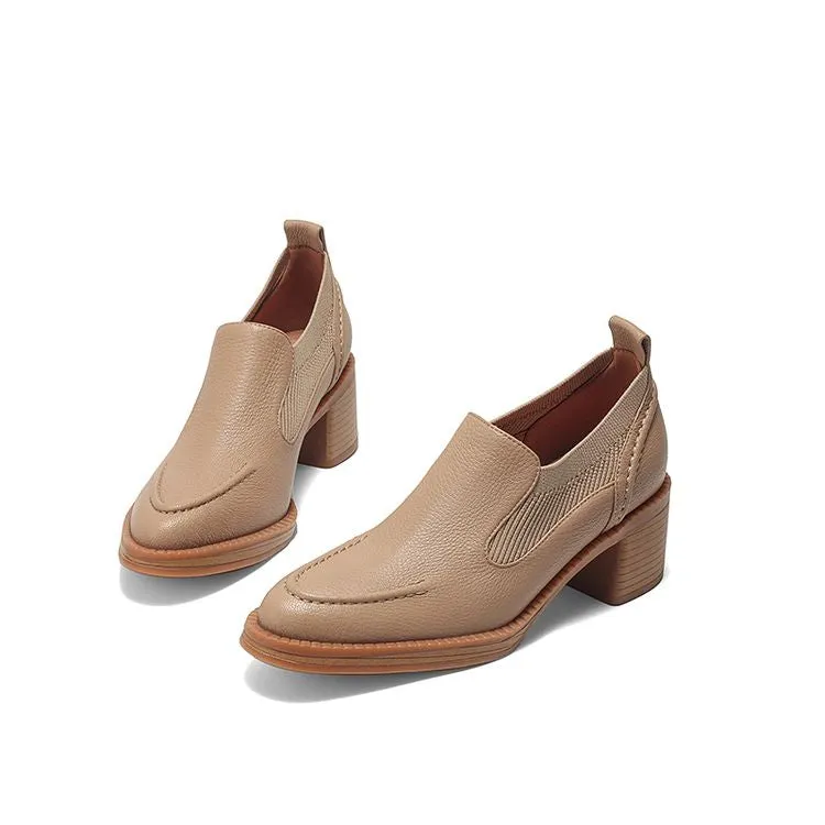 Isyou ibeauty Handmade Leather Block Low Heel Loafers Y2649