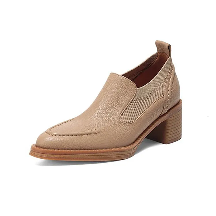 Isyou ibeauty Handmade Leather Block Low Heel Loafers Y2649