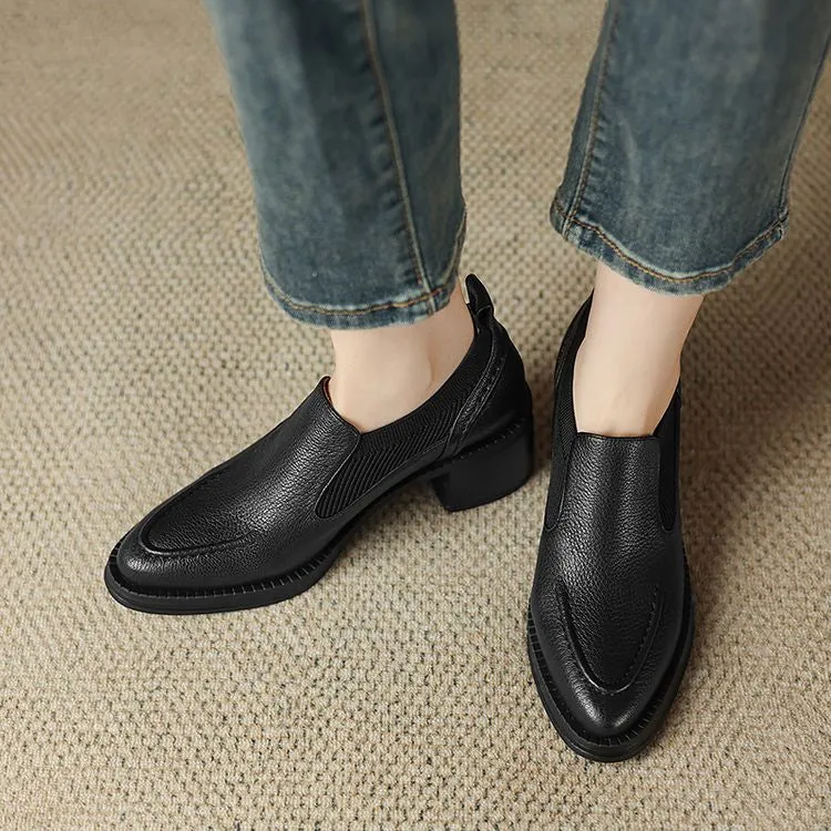 Isyou ibeauty Handmade Leather Block Low Heel Loafers Y2649