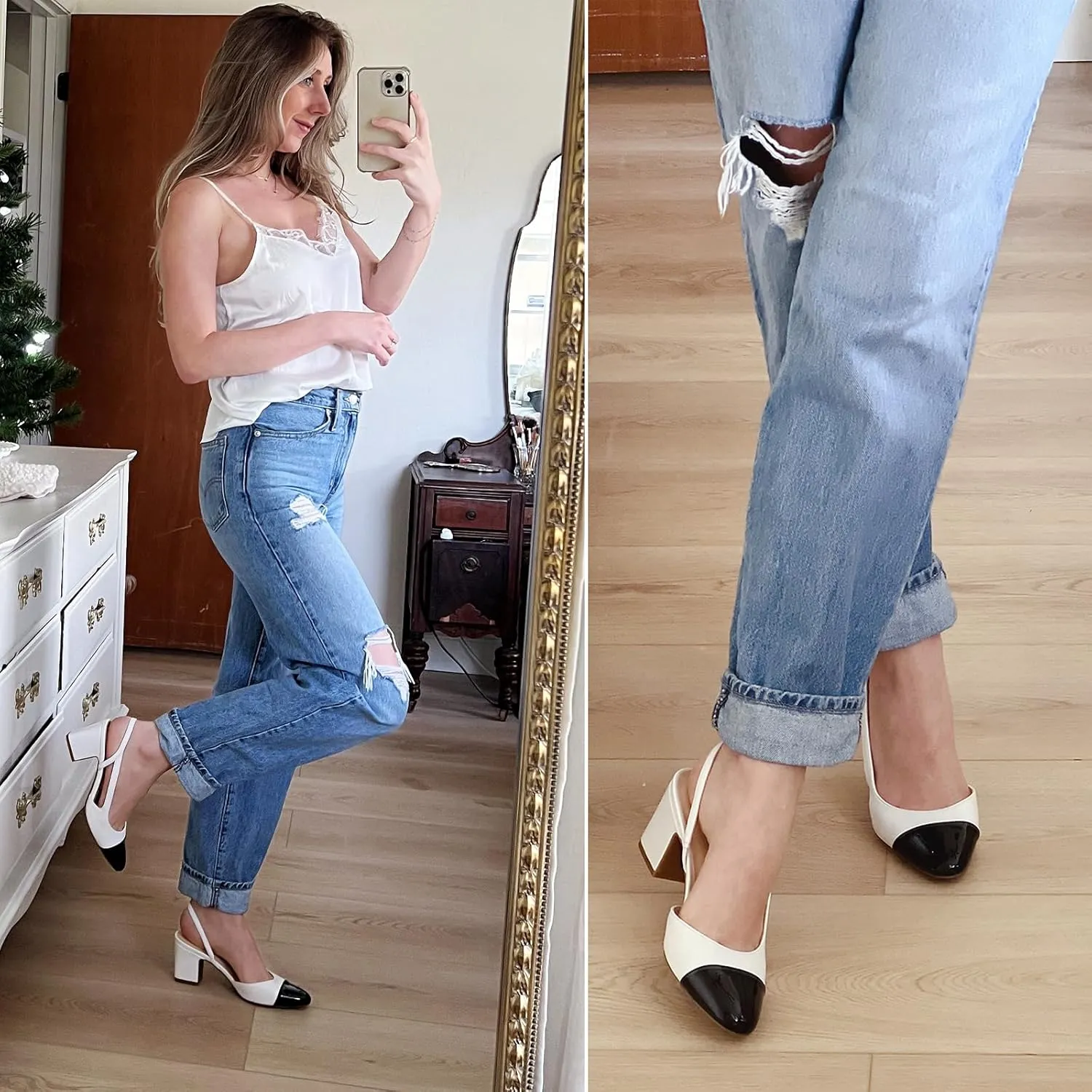 JENN ARDOR Closed Toe Chunky Heels Slingback Pumps Block Dress Shoes Women Comfort Classic Splicing Pointy Cap Toe Low Heels Sandals 2.5 inch for Wedding