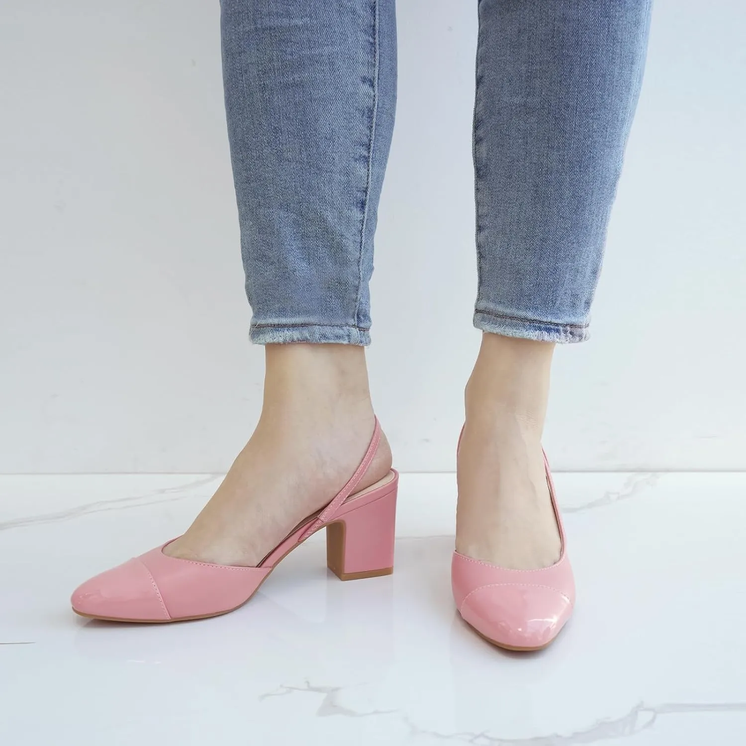JENN ARDOR Closed Toe Chunky Heels Slingback Pumps Block Dress Shoes Women Comfort Classic Splicing Pointy Cap Toe Low Heels Sandals 2.5 inch for Wedding