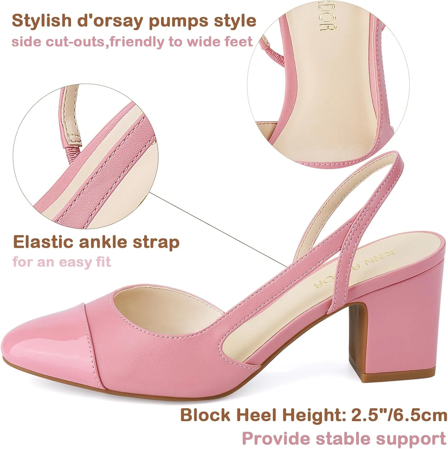 JENN ARDOR Closed Toe Chunky Heels Slingback Pumps Block Dress Shoes Women Comfort Classic Splicing Pointy Cap Toe Low Heels Sandals 2.5 inch for Wedding