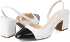 JENN ARDOR Closed Toe Chunky Heels Slingback Pumps Block Dress Shoes Women Comfort Classic Splicing Pointy Cap Toe Low Heels Sandals 2.5 inch for Wedding