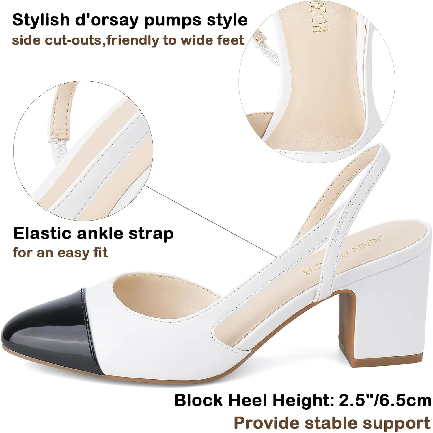 JENN ARDOR Closed Toe Chunky Heels Slingback Pumps Block Dress Shoes Women Comfort Classic Splicing Pointy Cap Toe Low Heels Sandals 2.5 inch for Wedding