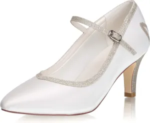JIAJIA 5284 Women's Memory Foam Bridal Shoes Closed Toe 2.7'' Stiletto Mid Heel Lace Satin Pumps Wedding Shoes