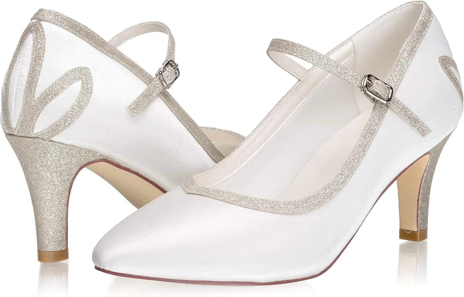 JIAJIA 5284 Women's Memory Foam Bridal Shoes Closed Toe 2.7'' Stiletto Mid Heel Lace Satin Pumps Wedding Shoes